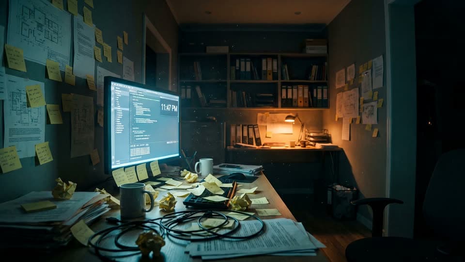 A founder's cluttered home office lit only by a monitor reading 11:47 PM — sticky notes, cold coffee, work that never ends