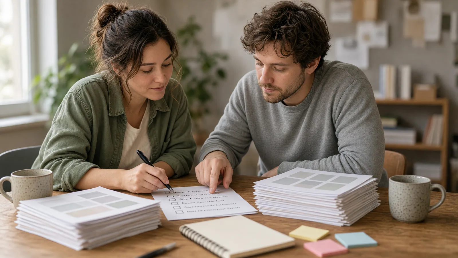 Two colleagues at a studio table scoring two piles of printed samples against a handwritten checklist with pens, mugs and sticky notes.