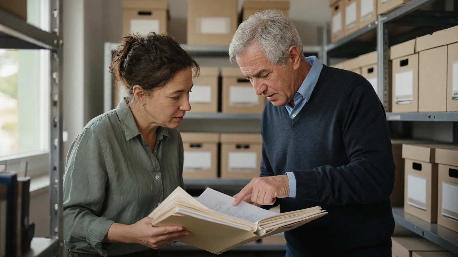 Two colleagues in a firm's file room lean over an open client folder, discussing an unusual case.