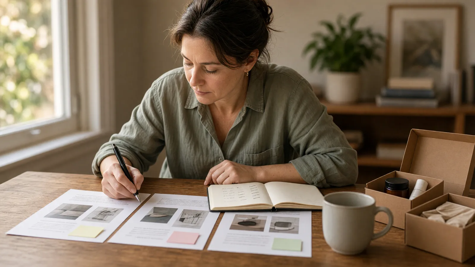 A woman at a sunlit desk compares three printed catalog sheets marked with sticky notes.