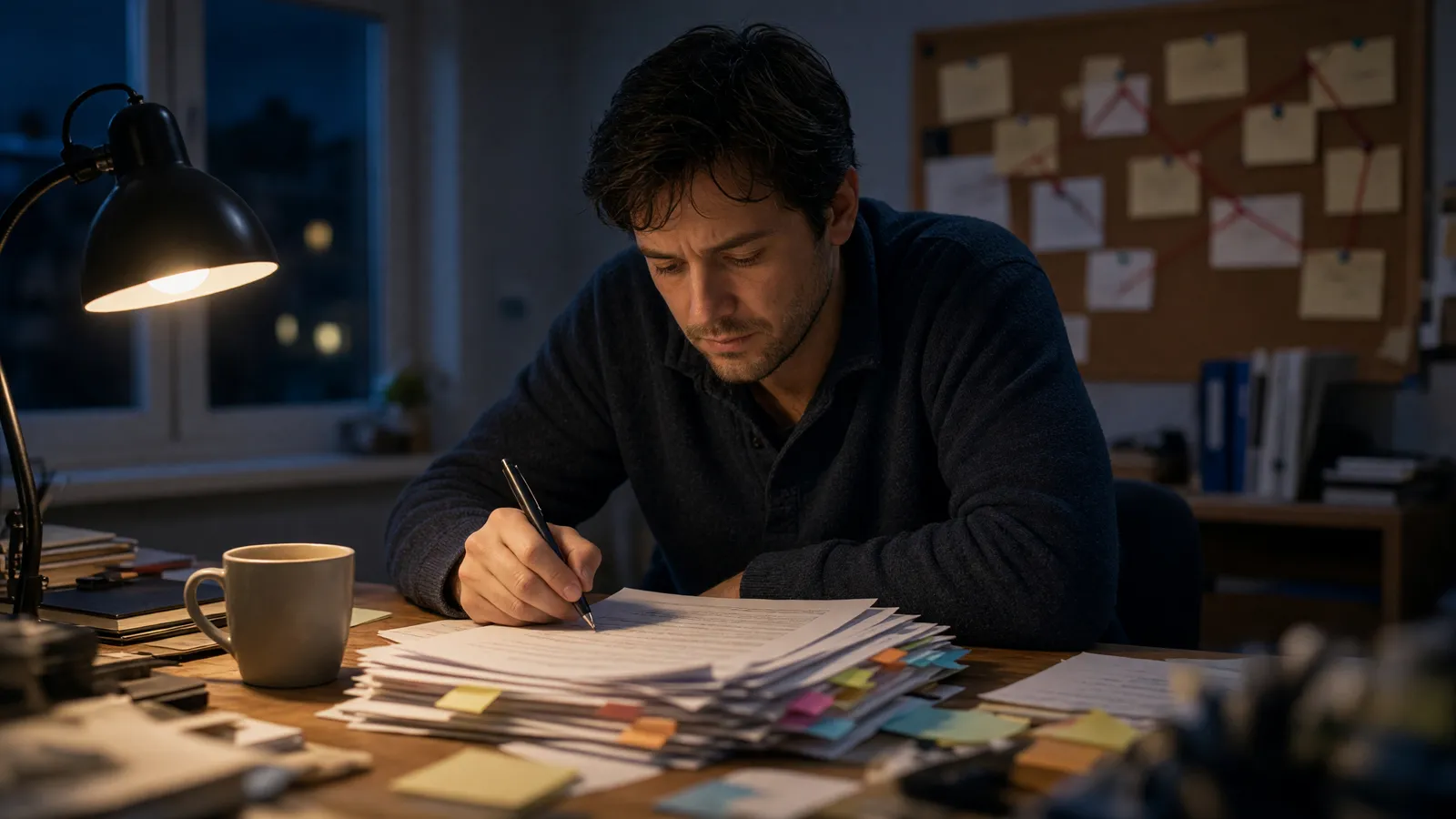 A man at a home office desk at night reviewing printed pages with colored sticky tabs, a mug of tea and a corkboard of index cards behind him.