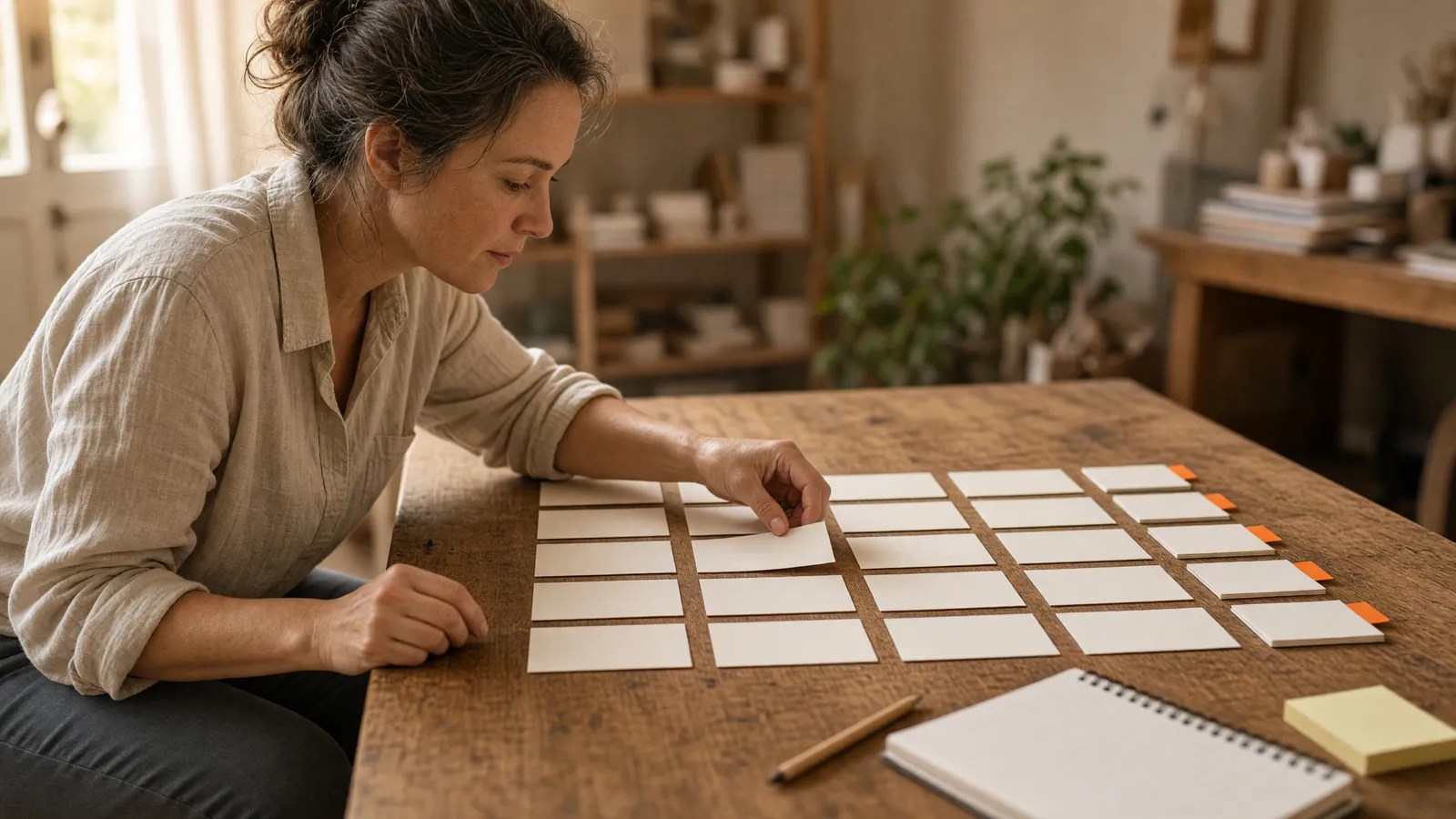 A woman placing paired index cards in two rows on a wooden table, with a few edge-case cards set apart under orange tabs.