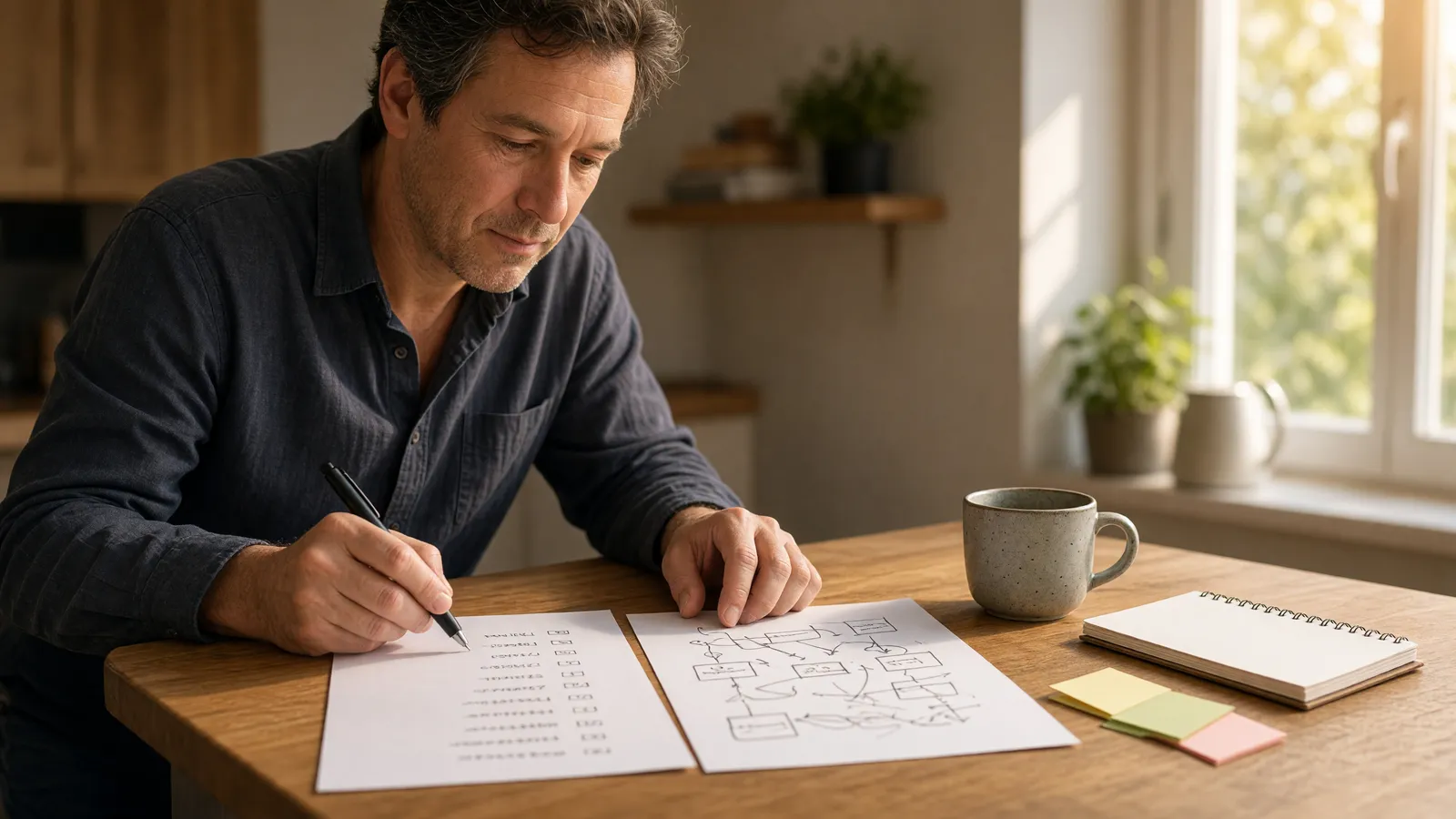 Agency owner at a sunlit counter comparing a simple hand-drawn plan with a sprawling diagram of boxes and arrows, with coffee and notebook nearby.