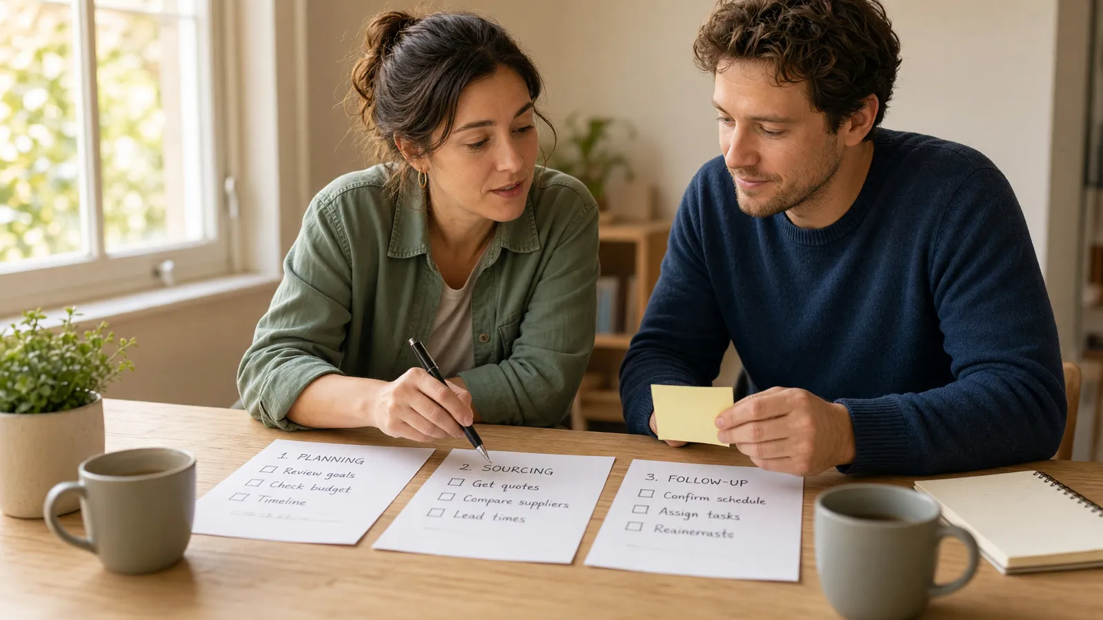 Two colleagues at a sunlit office table reviewing three handwritten checklist sheets with a pen and sticky notes.