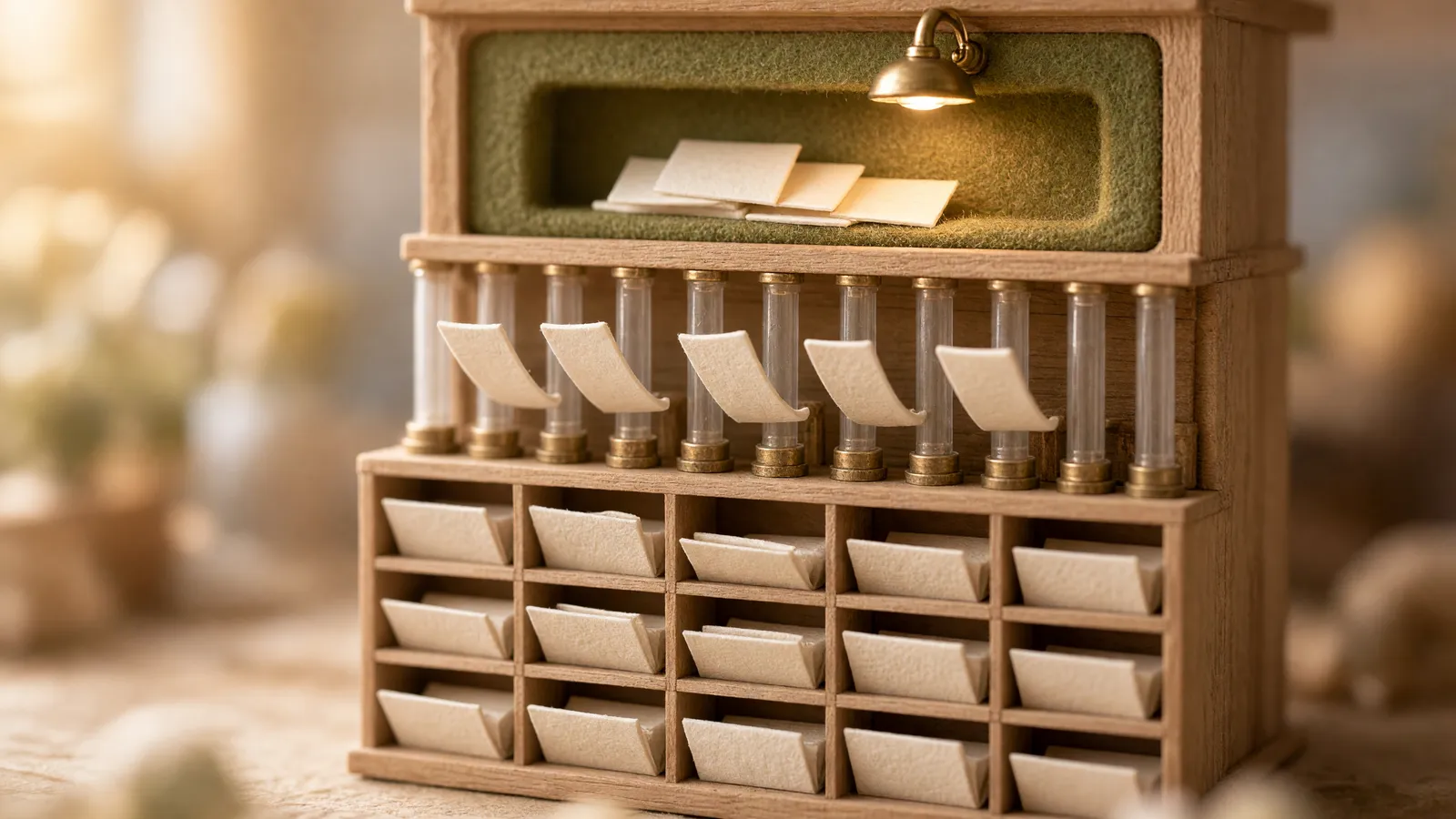 Miniature tower of tubes and wooden pigeonholes where most paper envelopes land in rows of slots and a few reach one special felt-lined slot.