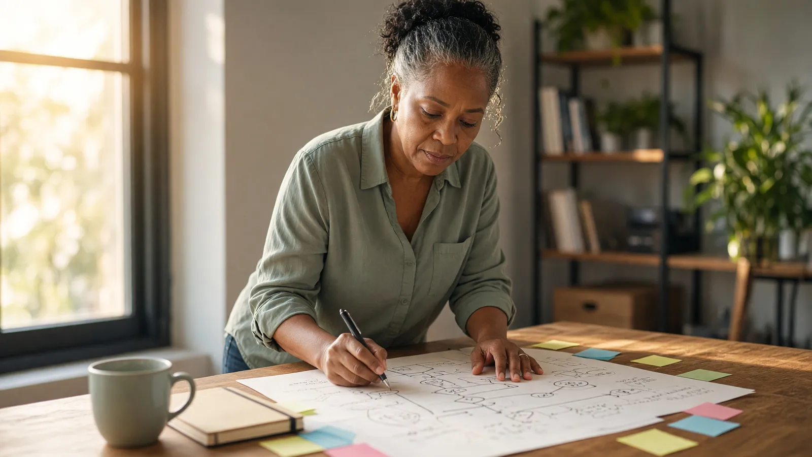 Woman executive studying hand-drawn process diagrams at a sunlit office desk with a mug and sticky notes