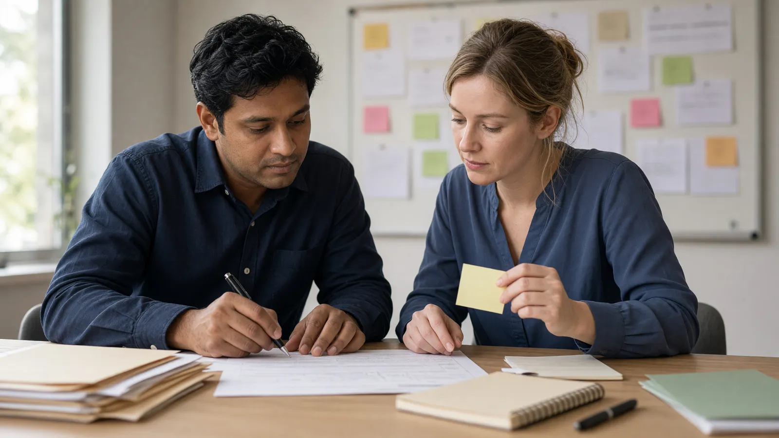 Two colleagues marking up printed case notes at a table beside a board of paper cards and sticky notes