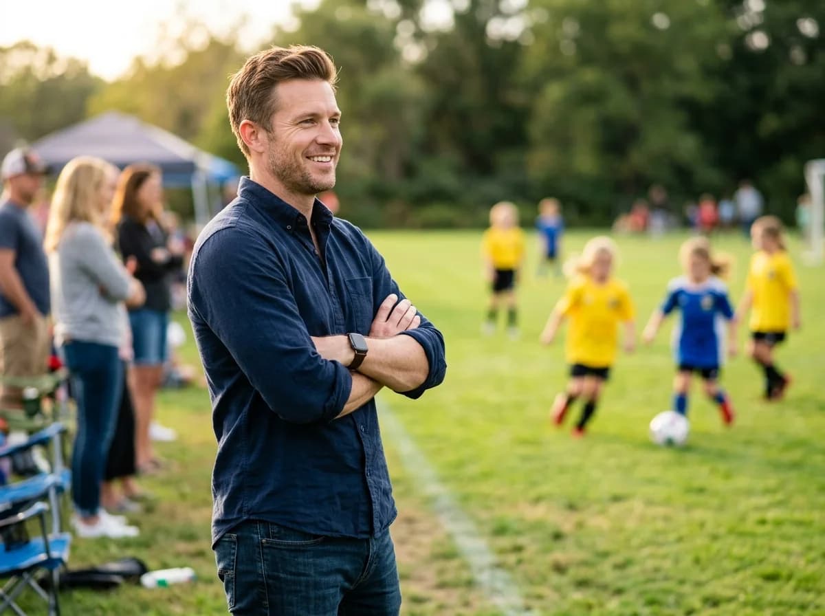 A founder relaxed at his daughter's soccer game on a golden afternoon, phone nowhere in sight
