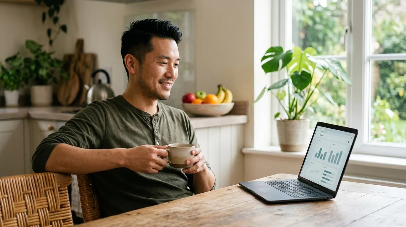 A founder relaxed at a bright kitchen table with coffee and one calm dashboard on his laptop