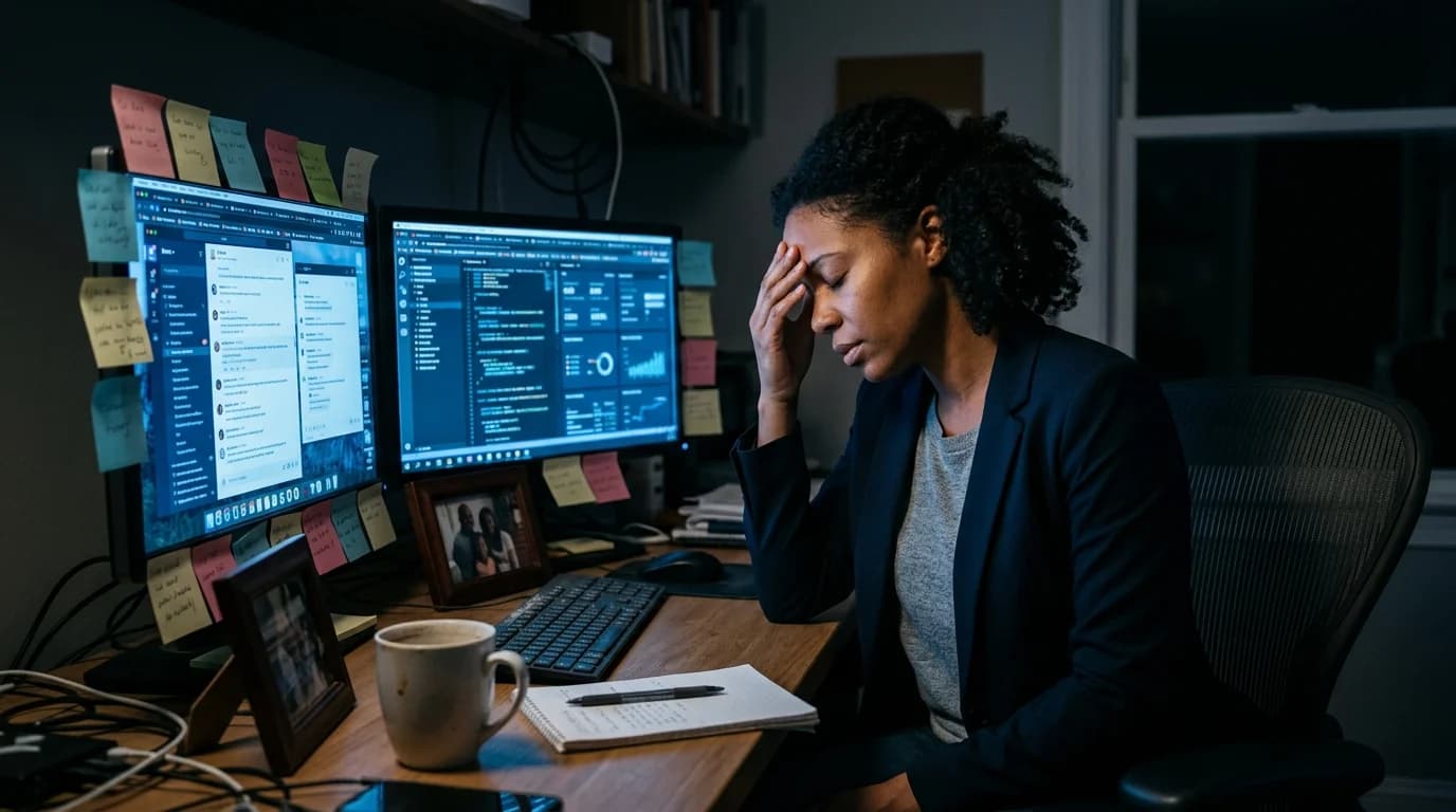 A drained founder alone at her desk at 11 PM, lit by the glow of two cluttered monitors